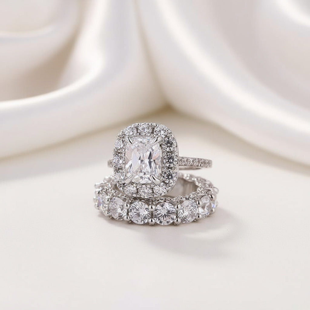 Luxury Eternity Halo Cushion Cut Wedding Ring Set-Black Diamonds New York