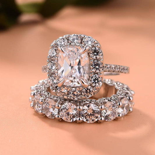 Luxury Eternity Halo Cushion Cut Wedding Ring Set-Black Diamonds New York