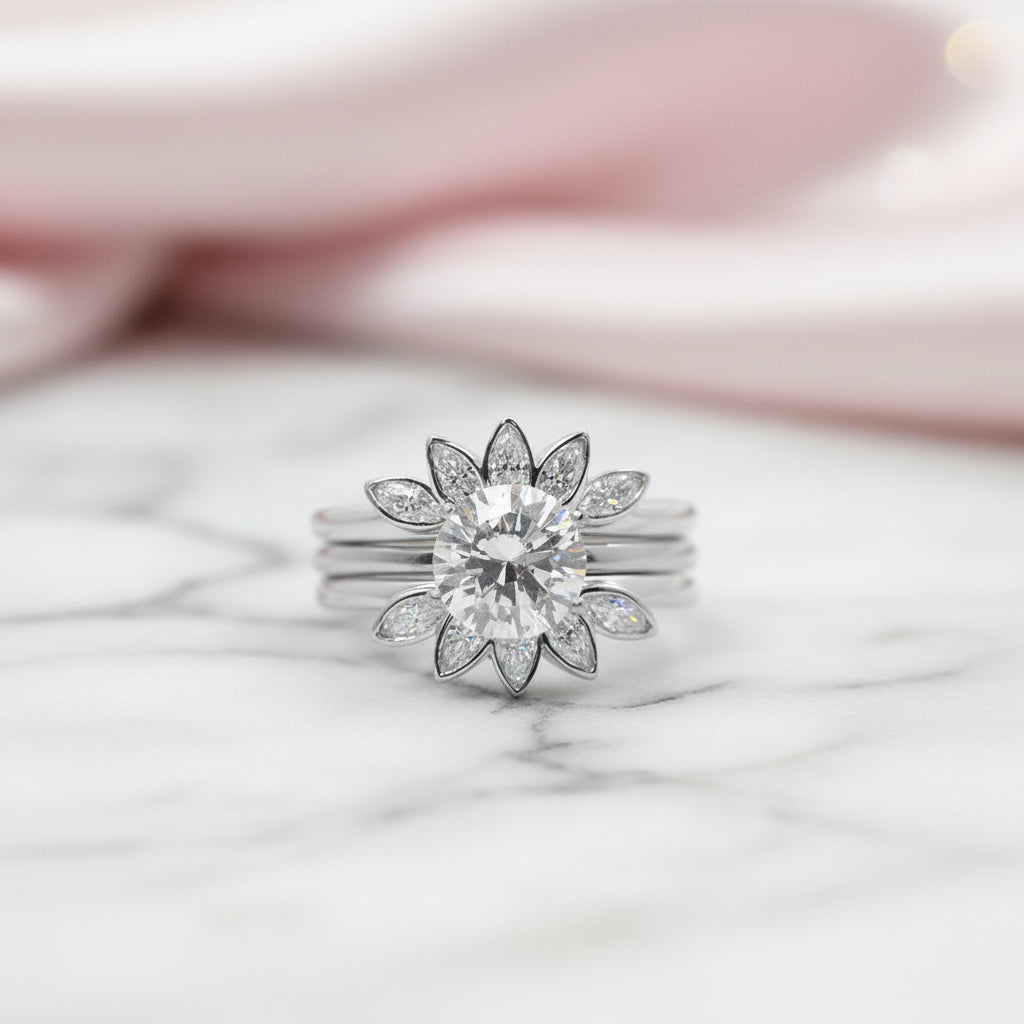 Luxury Flower Shaped Diamond Option Ring Set-Black Diamonds New York