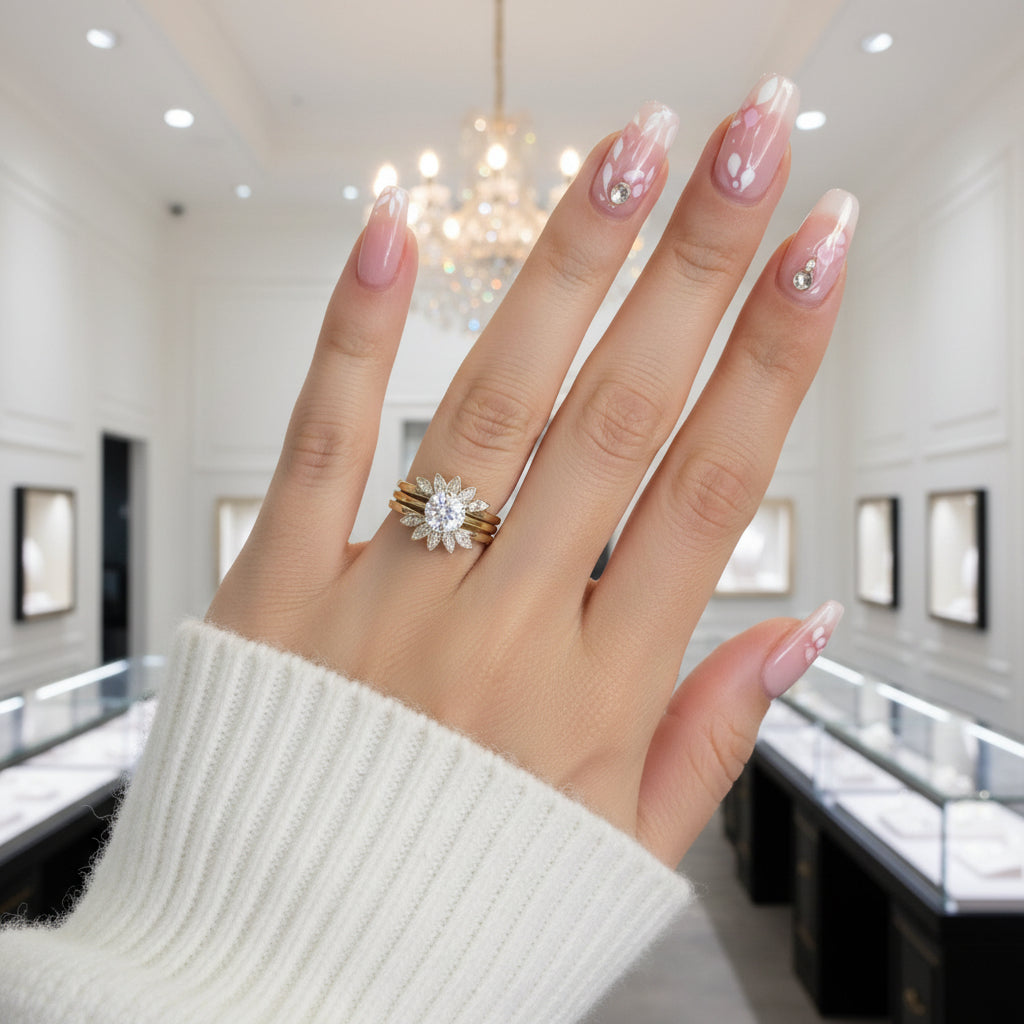 Luxury Flower Shaped Diamond Option Ring Set-Black Diamonds New York