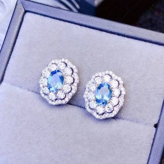 Luxury Natural Blue Topaz Stud Earrings-Black Diamonds New York