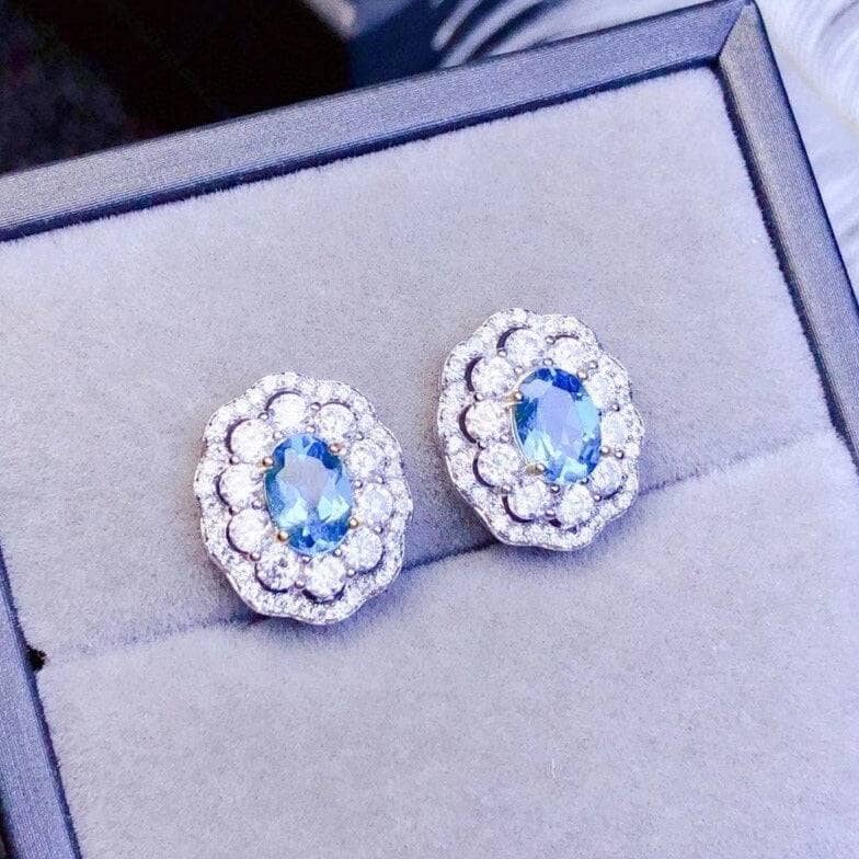 Luxury Natural Blue Topaz Stud Earrings - Black Diamonds New York