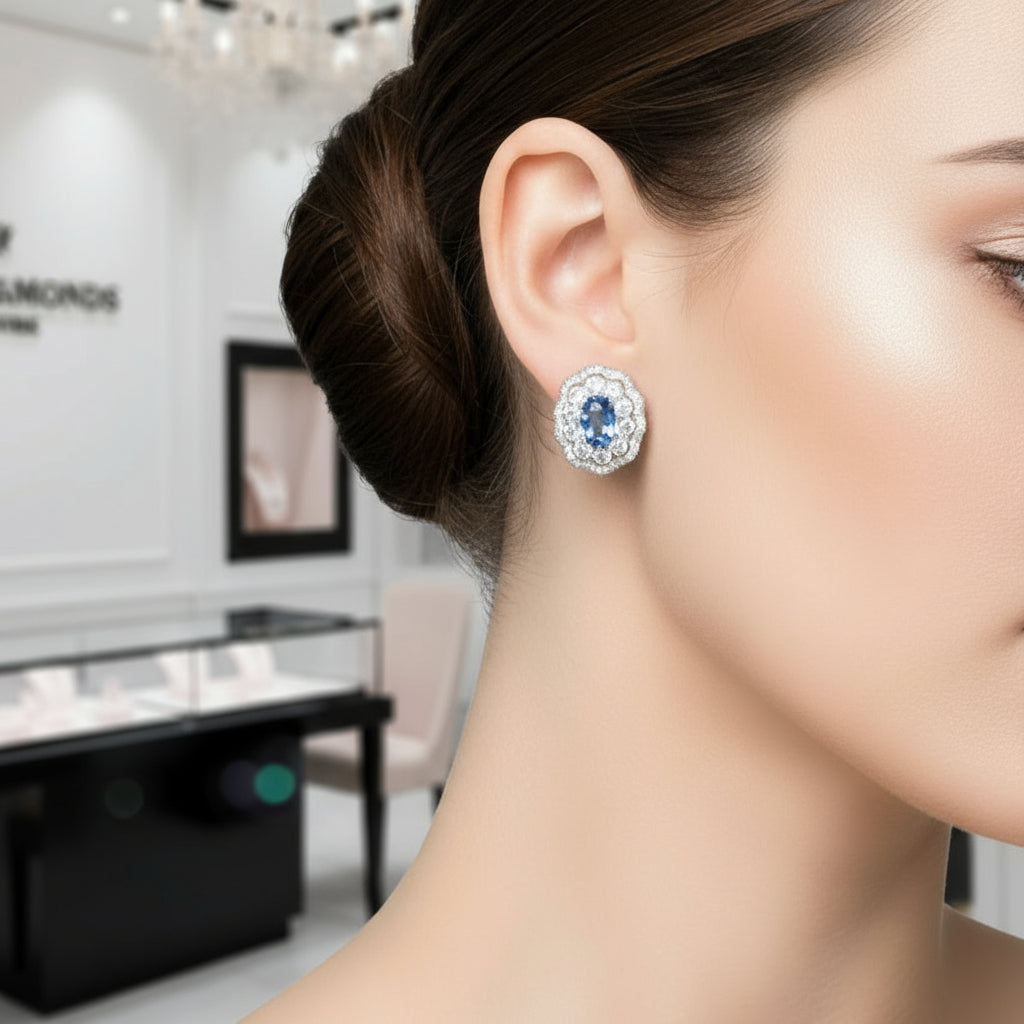 Oval Cut Blue Topaz Stud Earrings-Black Diamonds New York