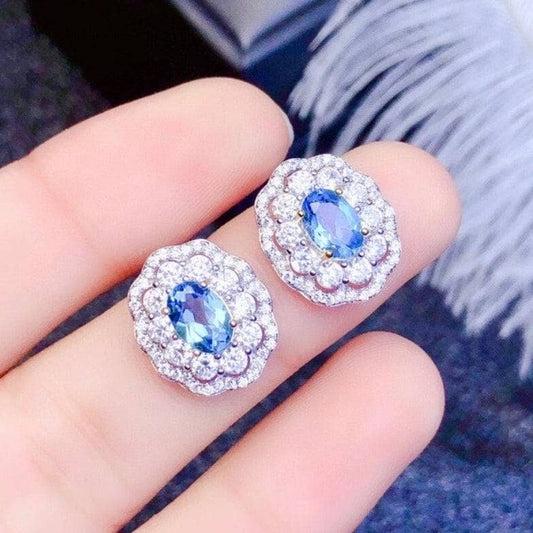 Luxury Natural Blue Topaz Stud Earrings-Black Diamonds New York