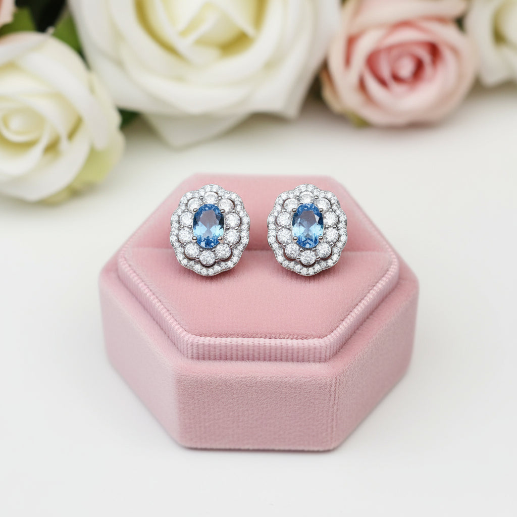 Oval Cut Blue Topaz Stud Earrings-Black Diamonds New York