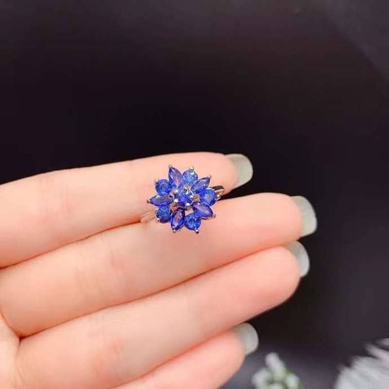 Luxury Natural Dark Blue Sapphire Flower Ring-Black Diamonds New York