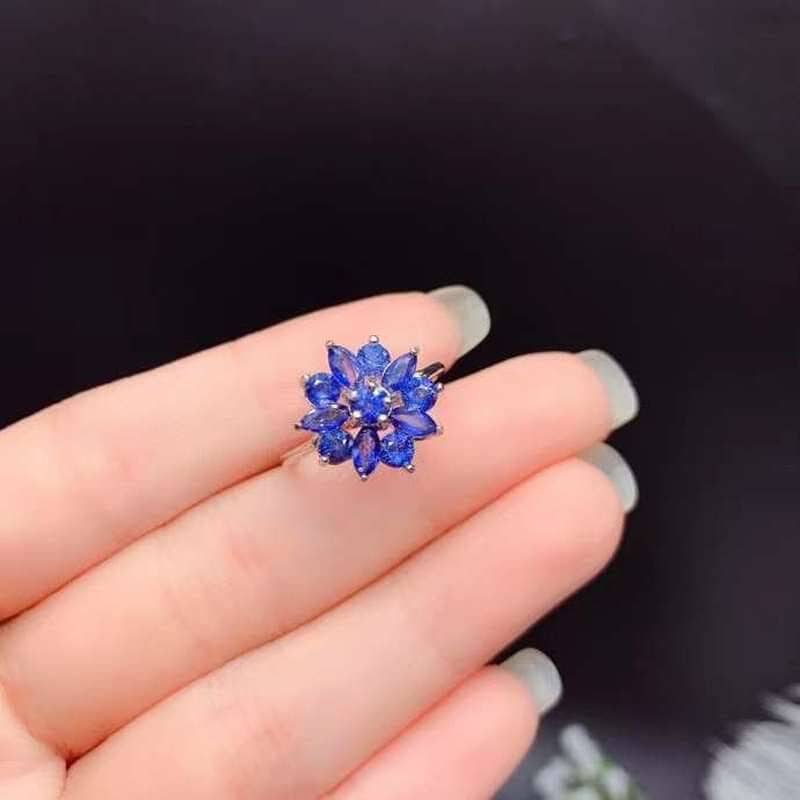 Luxury Natural Dark Blue Sapphire Flower Ring-Black Diamonds New York