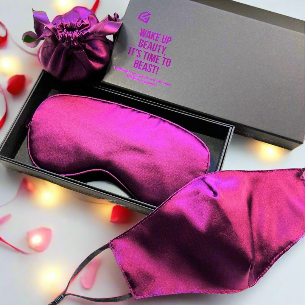 Magenta Silk Sleep Mask & Face Mask Luxe Gift Set-Black Diamonds New York