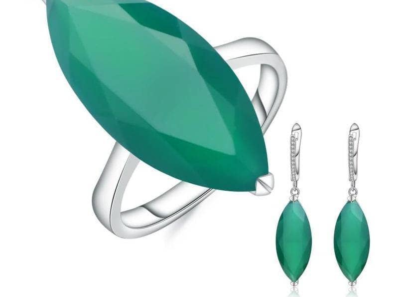 Marquise Cut Natural Green Agate Jewelry Set-Black Diamonds New York