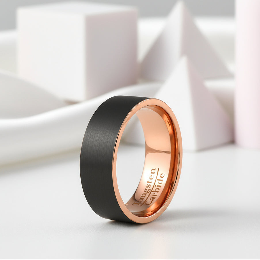 Matte Black & Rose Gold Finish Tungsten Carbide Wedding Band-Black Diamonds New York