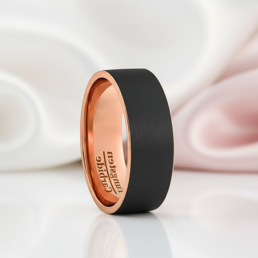 Matte Black & Rose Gold Finish Tungsten Carbide Wedding Band-Black Diamonds New York