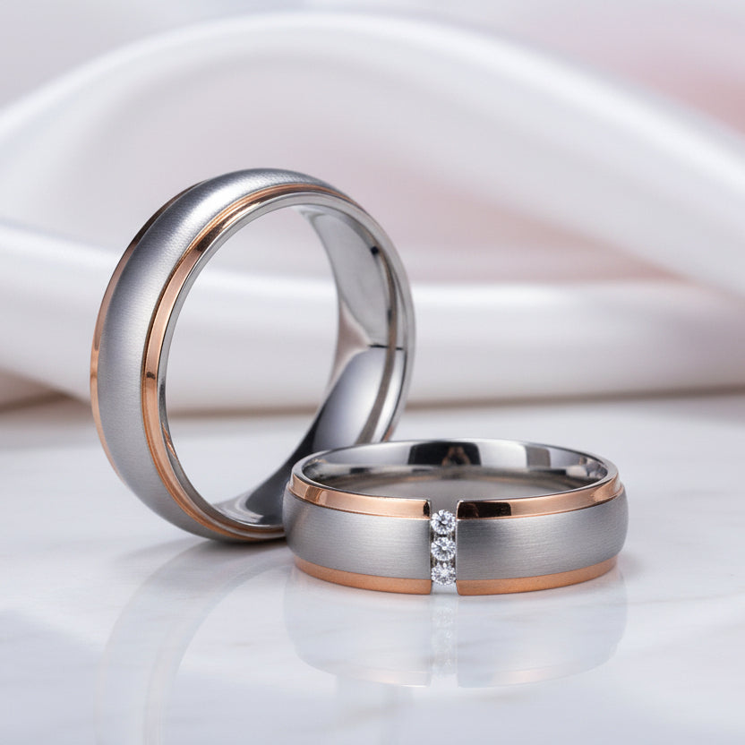Matte Surface Stainless Steel Couples Wedding Band-Black Diamonds New York