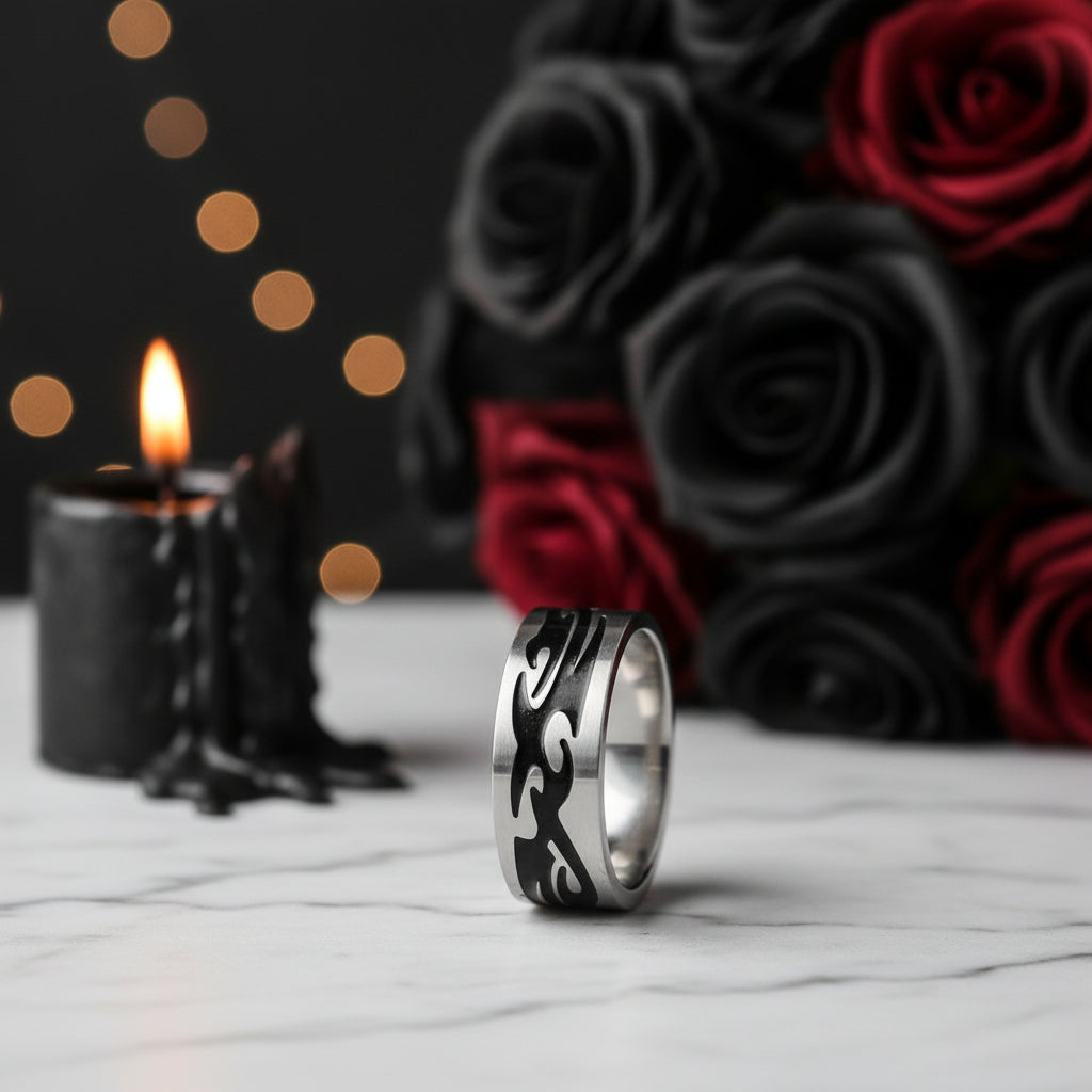 Men's Gothic Option Stainless Steel Ring Band-Black Diamonds New York