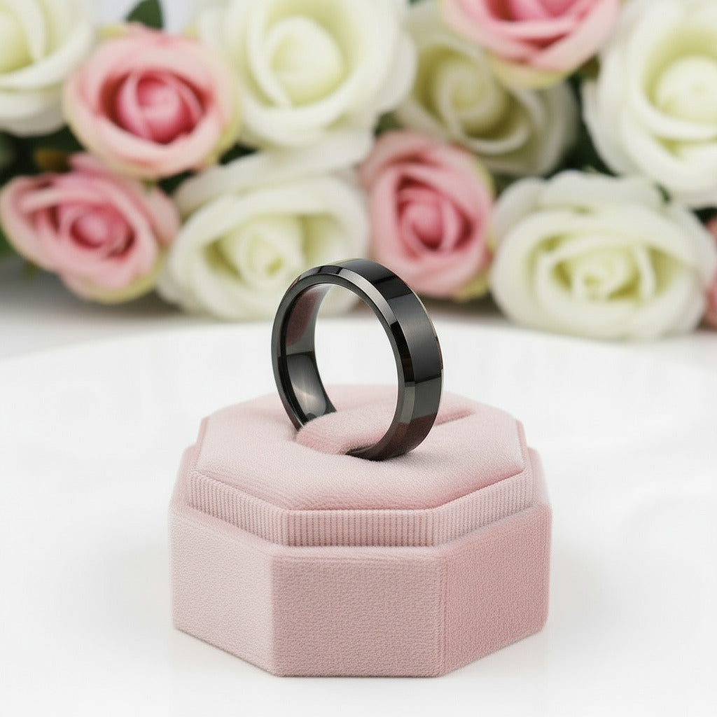 Men's 6mm Beveled Tungsten Carbide Wedding Band-Black Diamonds New York