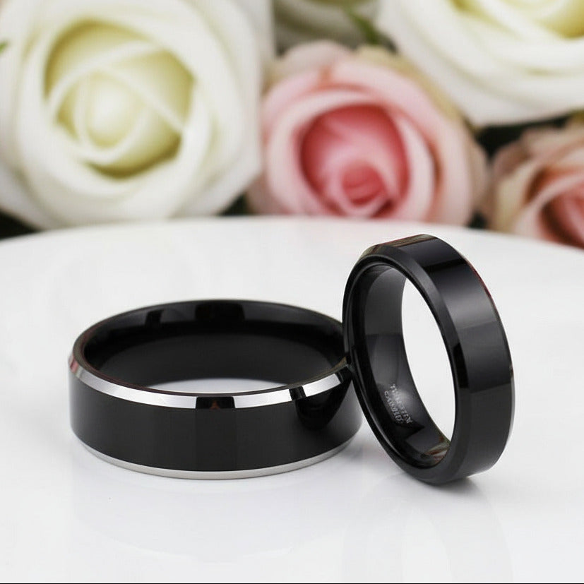 Men's 6mm Beveled Tungsten Carbide Wedding Band-Black Diamonds New York