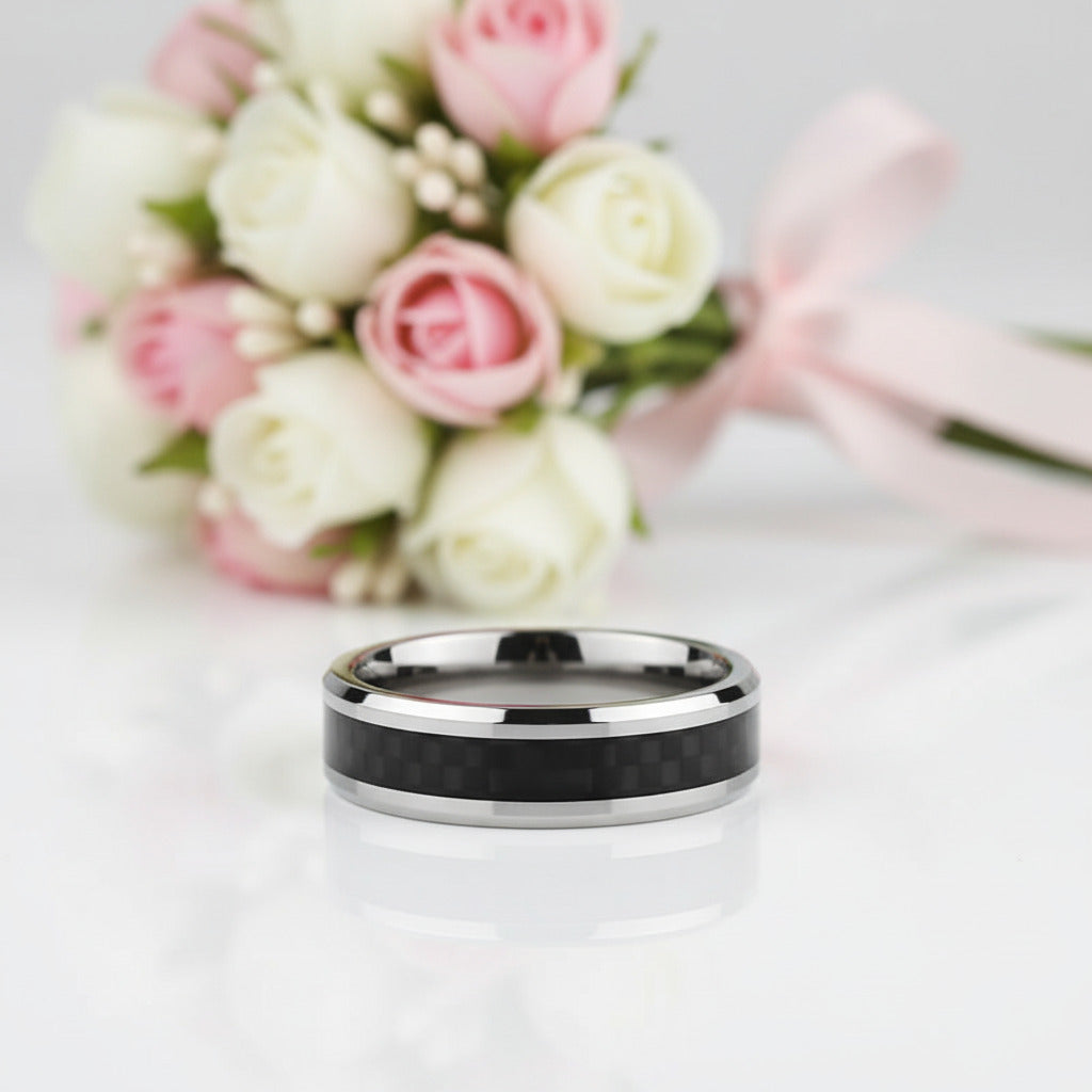Men's 6mm Tungsten Carbide Wedding Band with Carbon Fiber Inlay-Black Diamonds New York