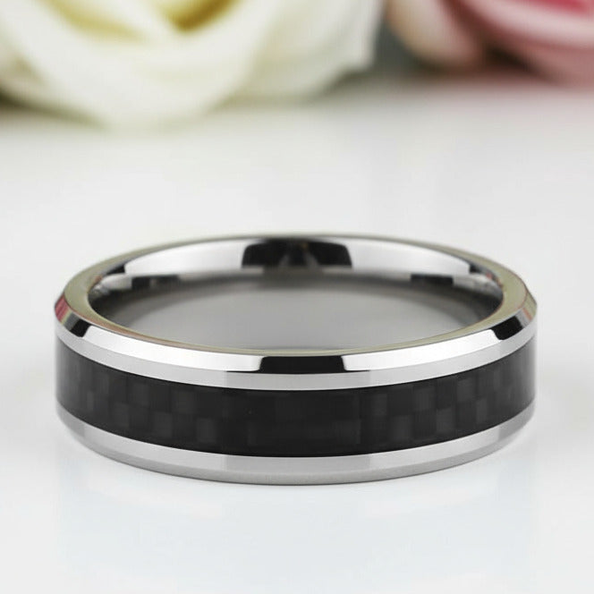 Men's 6mm Tungsten Carbide Wedding Band with Carbon Fiber Inlay-Black Diamonds New York