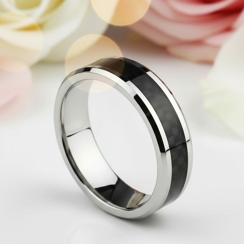 Men's 6mm Tungsten Carbide Wedding Band with Carbon Fiber Inlay-Black Diamonds New York