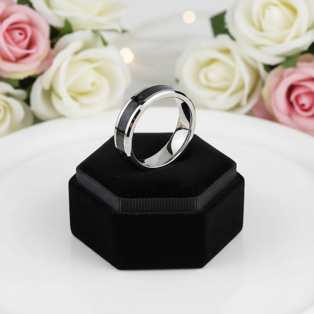 Men's 6mm Tungsten Carbide Wedding Band with Carbon Fiber Inlay-Black Diamonds New York