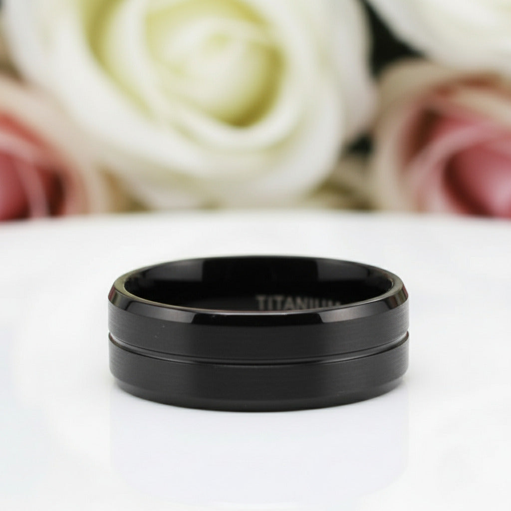 Men's 8mm Black Brushed Titanium Wedding Band-Black Diamonds New York