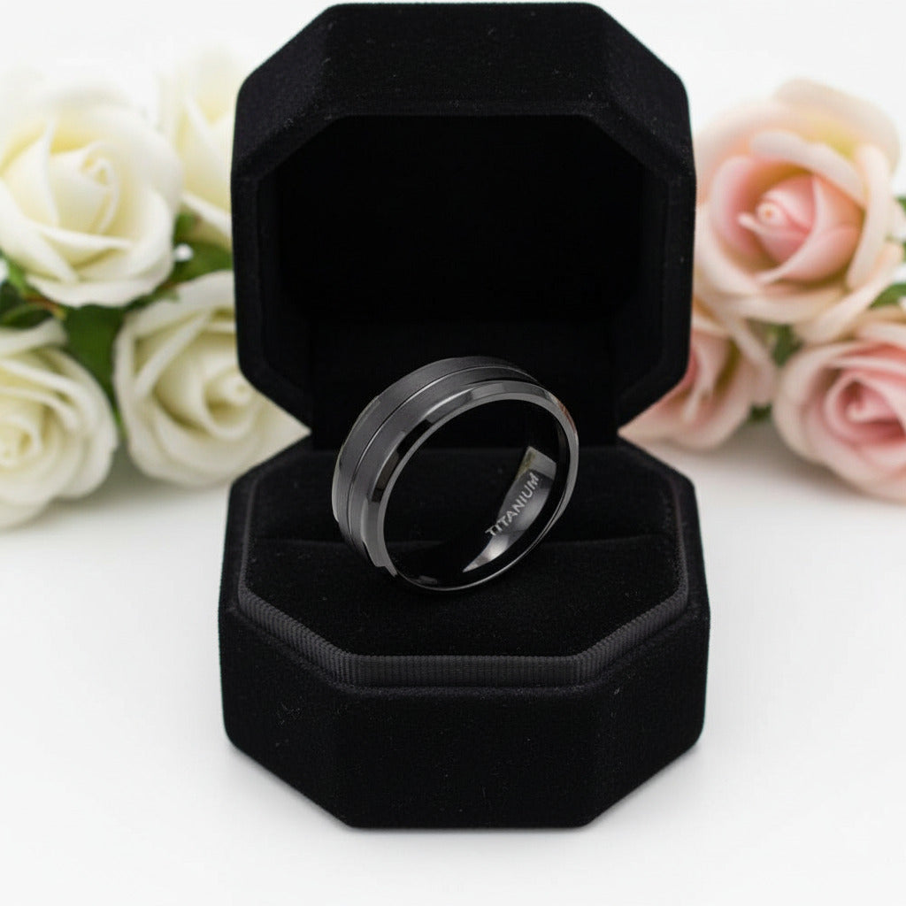 Men's 8mm Black Brushed Titanium Wedding Band-Black Diamonds New York