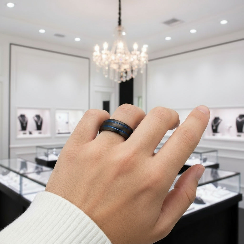 Men's 8mm Black Dome Tungsten Wedding Band-Black Diamonds New York