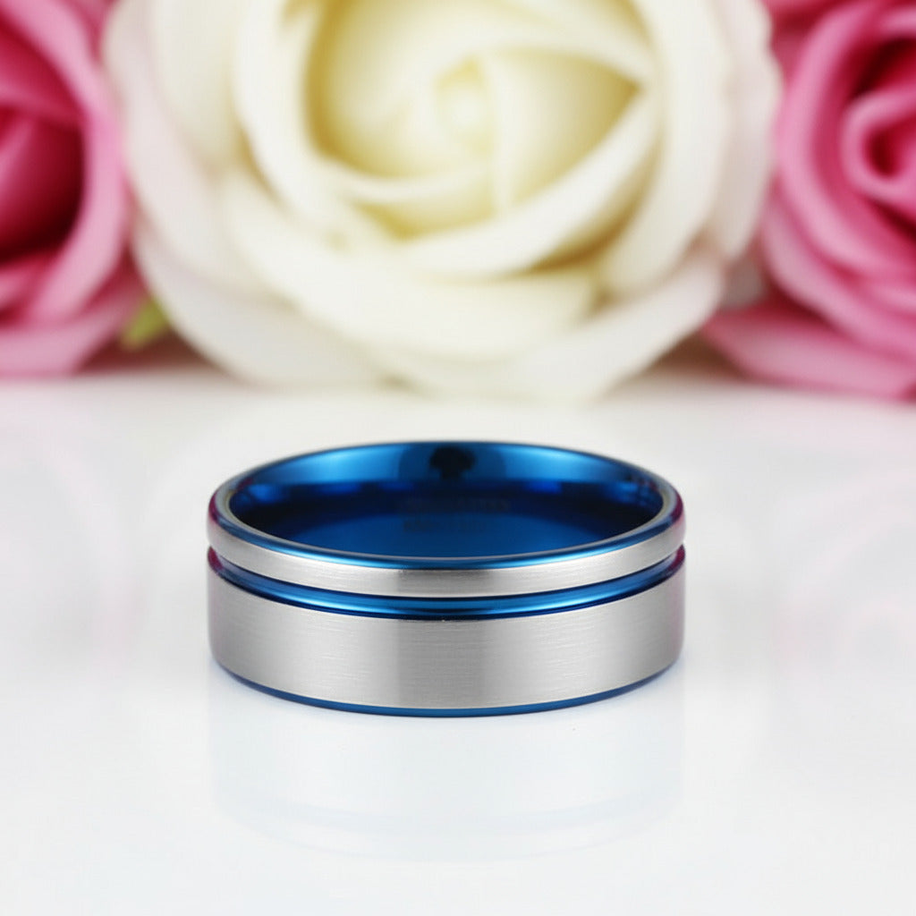 Men's 8mm Tungsten Carbide Wedding Band with Blue Line-Black Diamonds New York