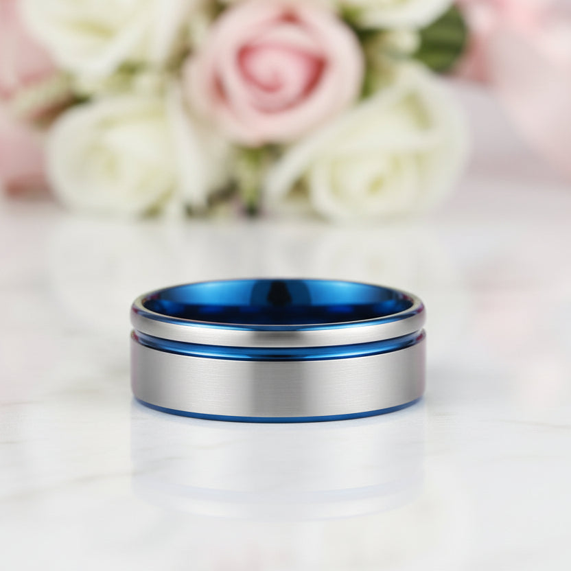 Men's 8mm Tungsten Carbide Wedding Band with Blue Line-Black Diamonds New York