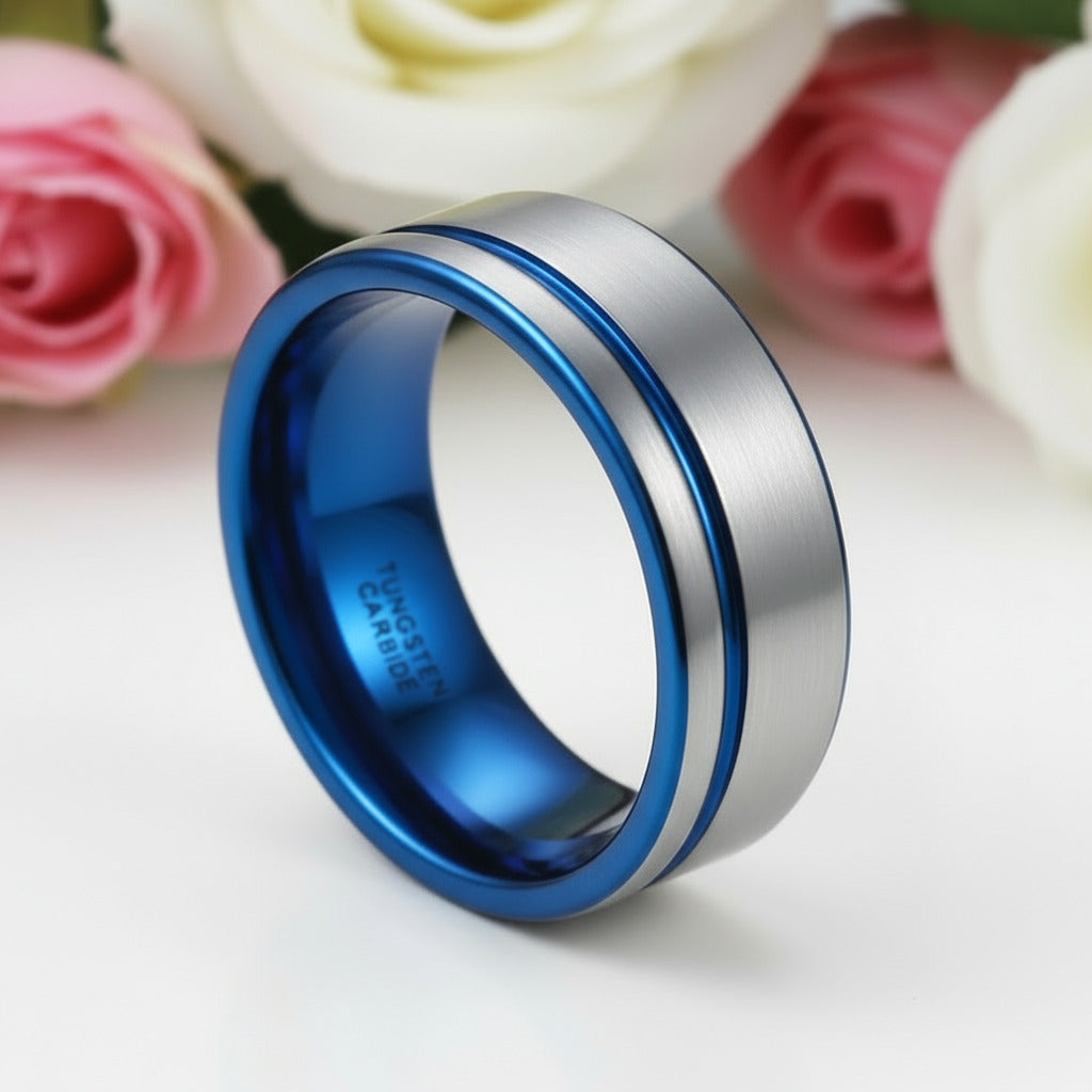 Men's 8mm Tungsten Carbide Wedding Band with Blue Line-Black Diamonds New York