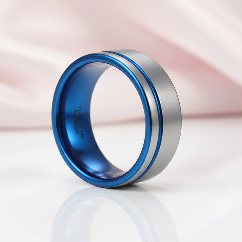 Men's 8mm Tungsten Carbide Wedding Band with Blue Line-Black Diamonds New York