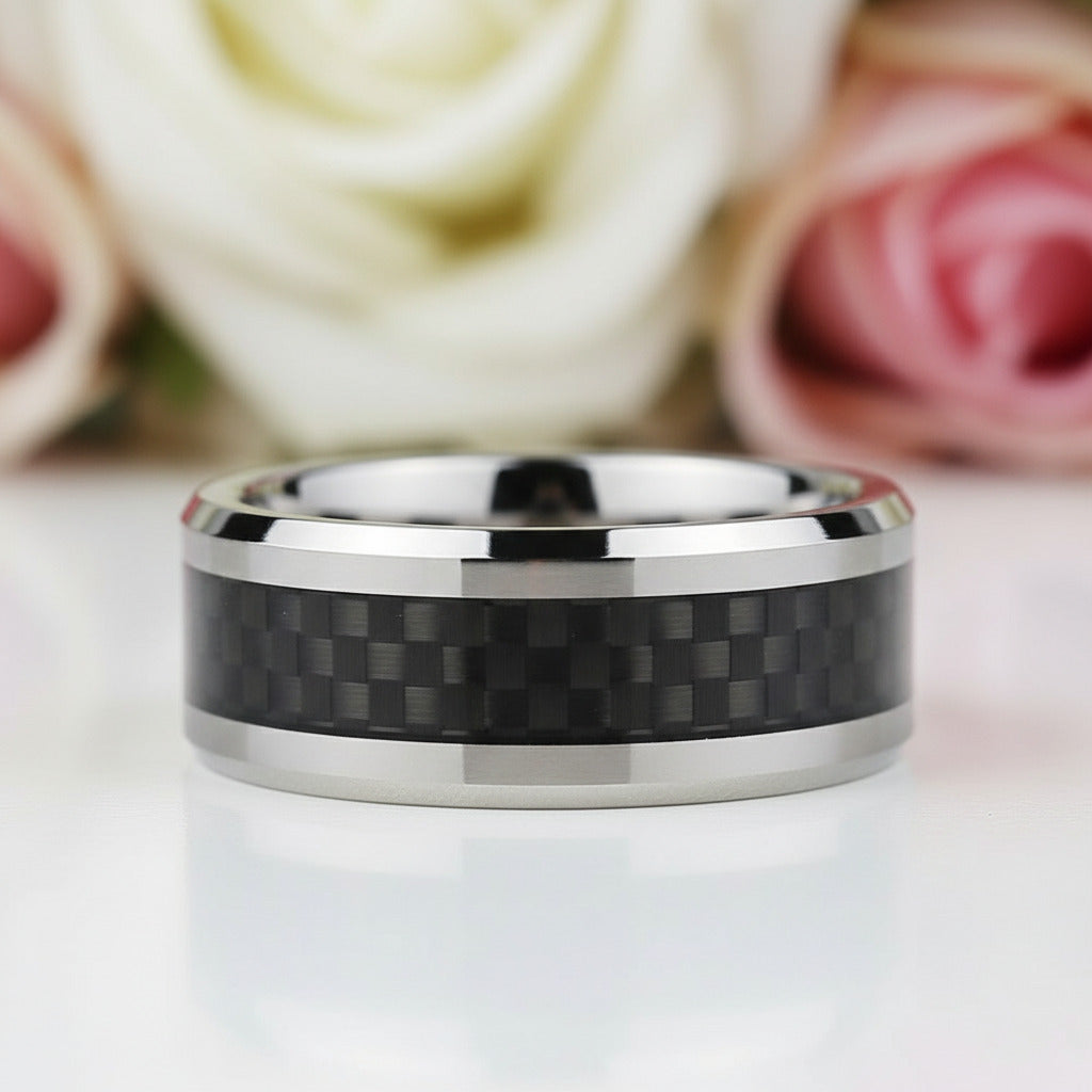 Men's 8mm Tungsten Carbide Wedding Band with Fiber Inlay-Black Diamonds New York