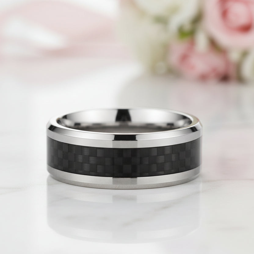 Men's 8mm Tungsten Carbide Wedding Band with Fiber Inlay-Black Diamonds New York