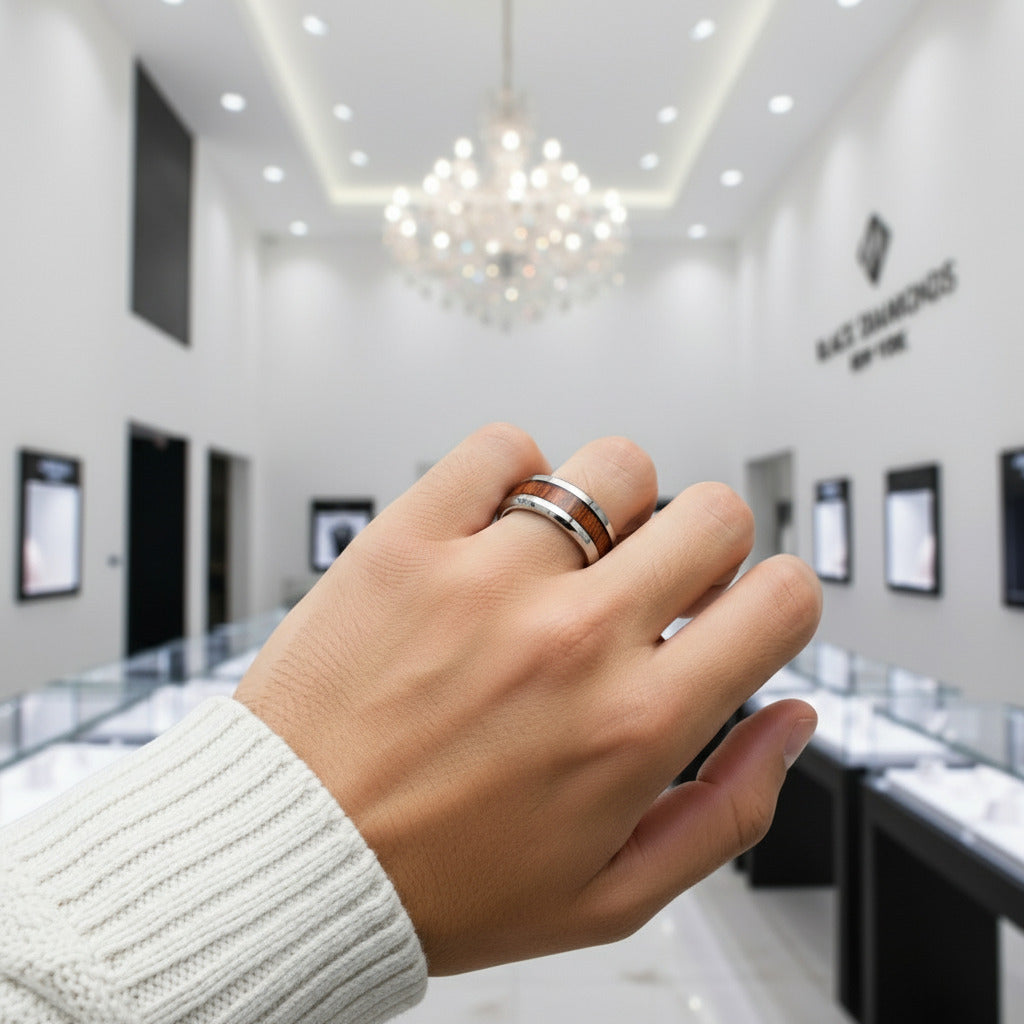 Men's 8mm Wooden Tungsten Wedding Band-Black Diamonds New York