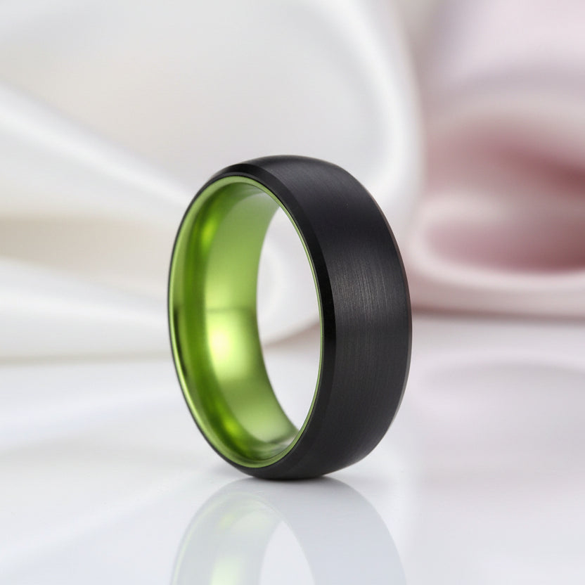 8mm Black Brushed Dome Tungsten Carbide Wedding Band with Inner Green Color-Black Diamonds New York