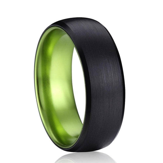 Men's and Women's 8mm Black Brushed Dome Tungsten Carbide Wedding Band with Inner Green Color-Black Diamonds New York