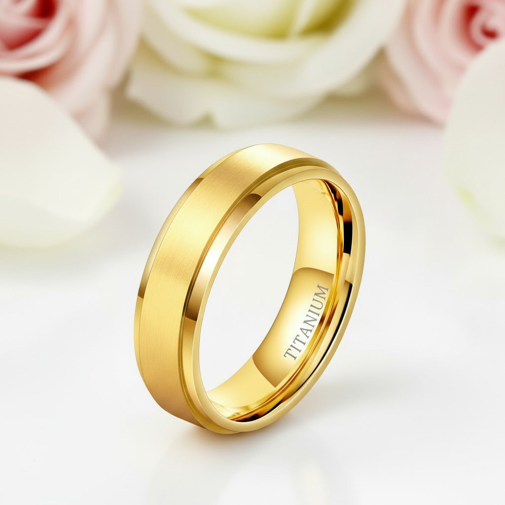 Men's Brushed Yellow Gold Titanium Wedding Band-Black Diamonds New York