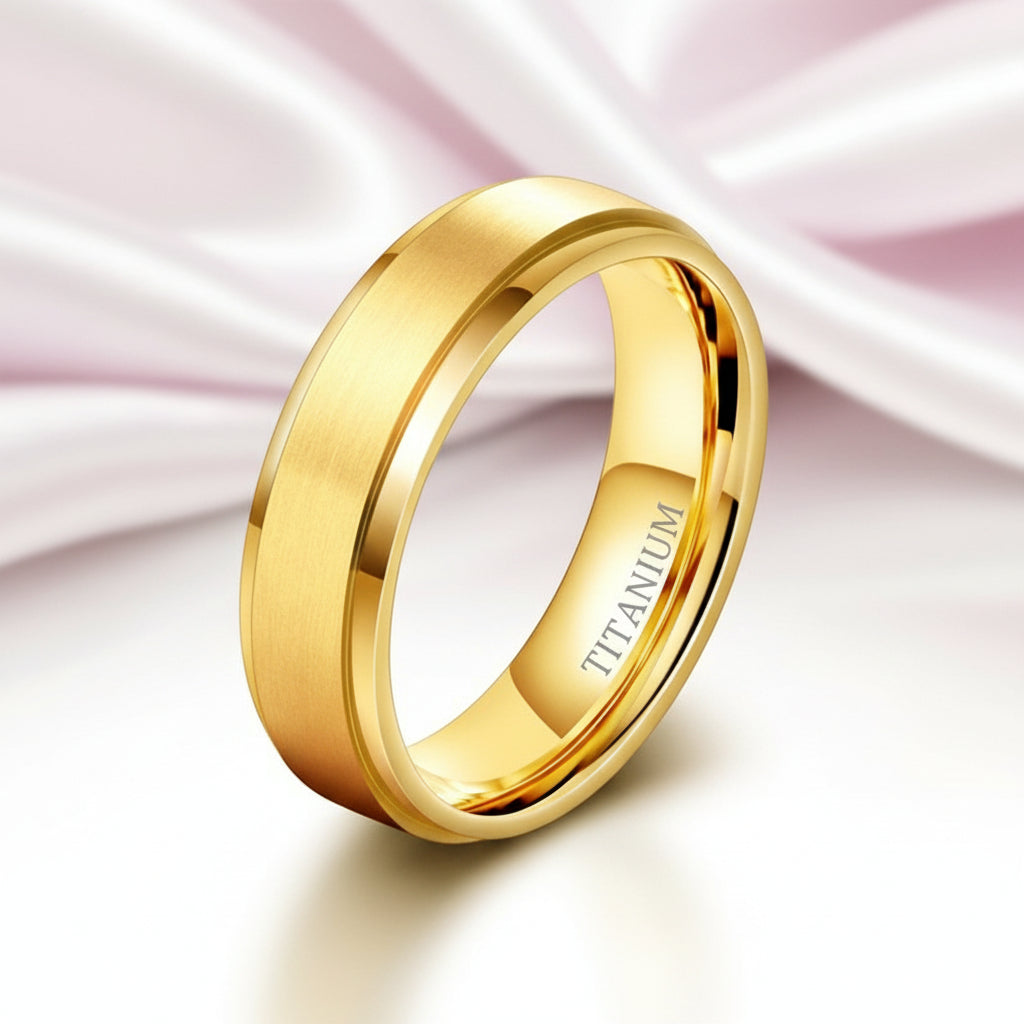 Men's Brushed Yellow Gold Titanium Wedding Band-Black Diamonds New York