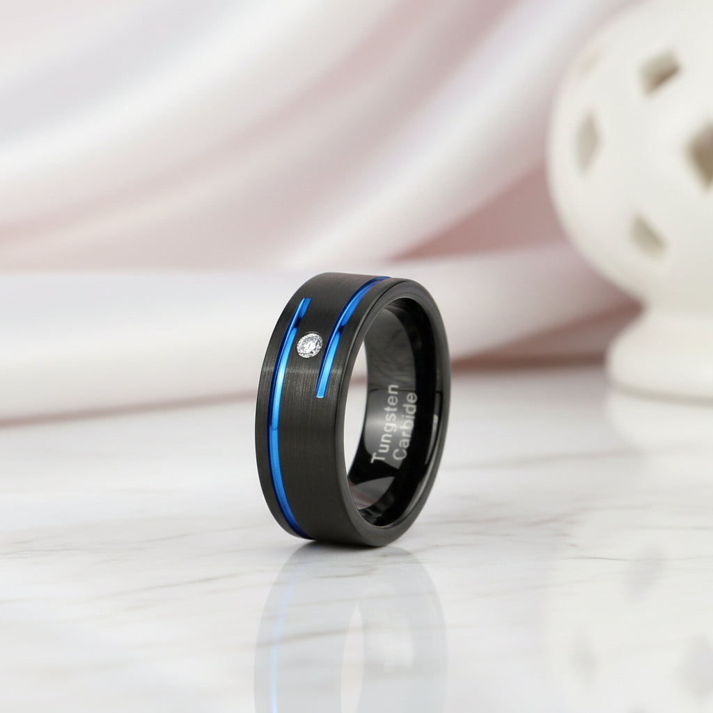 Men's Charm 8mm Black Tungsten Carbide Wedding Band-Black Diamonds New York