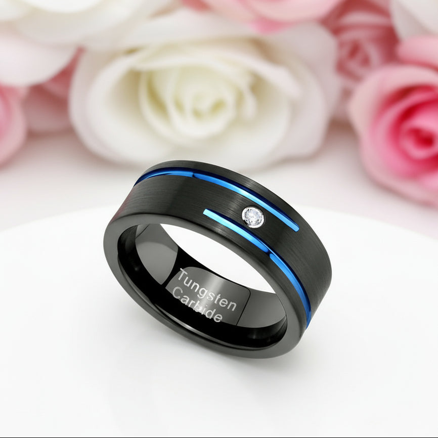 Men's Charm 8mm Black Tungsten Carbide Wedding Band-Black Diamonds New York