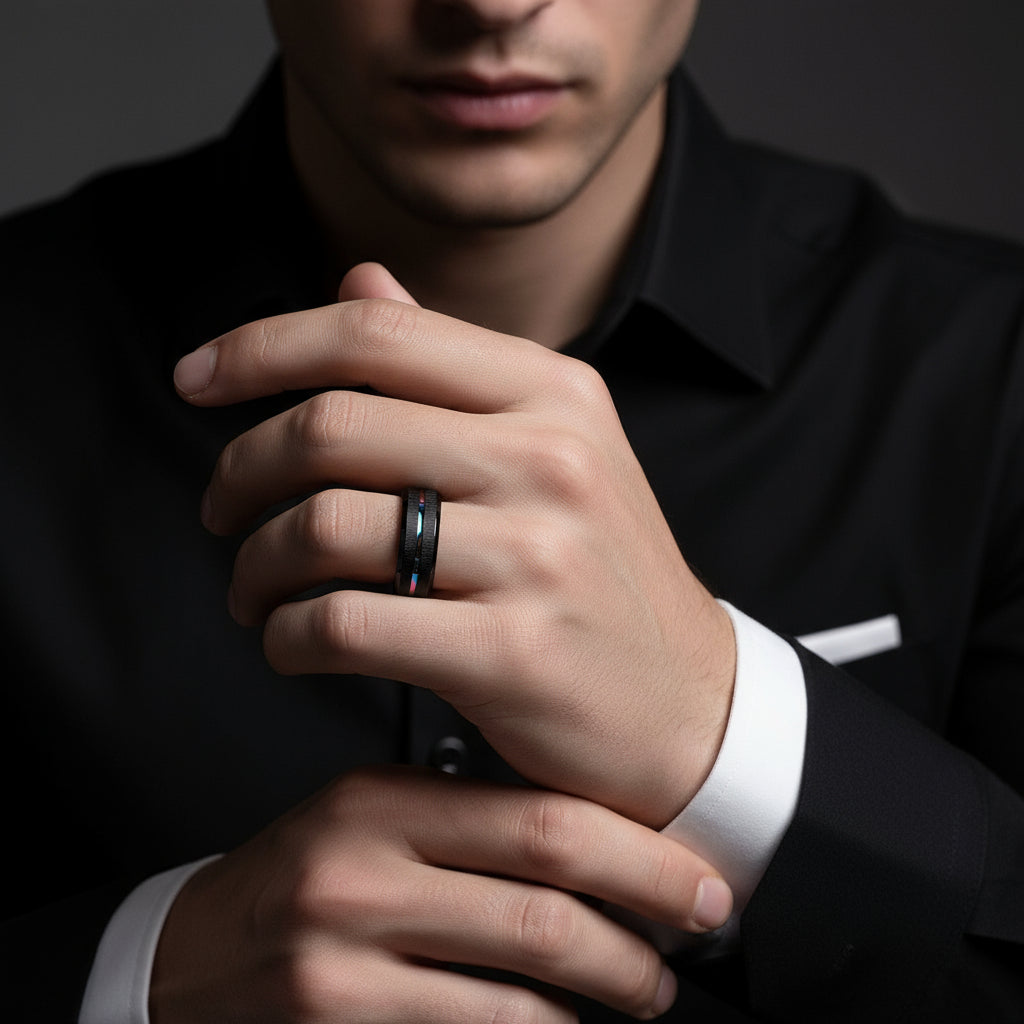 Men's Charm Black Tungsten Carbide Wedding Band-Black Diamonds New York