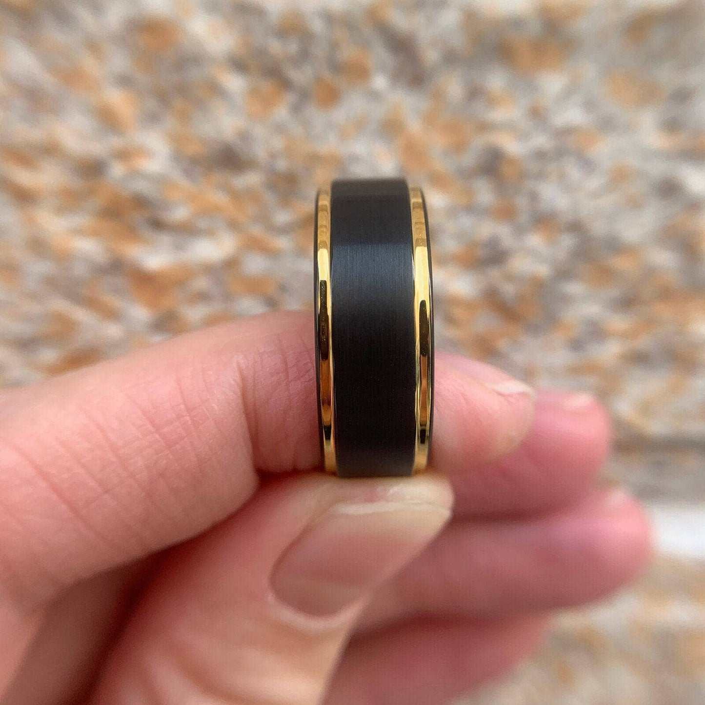 Men's Tungsten Carbide 8mm Black Golden Line Wedding Band-Black Diamonds New York