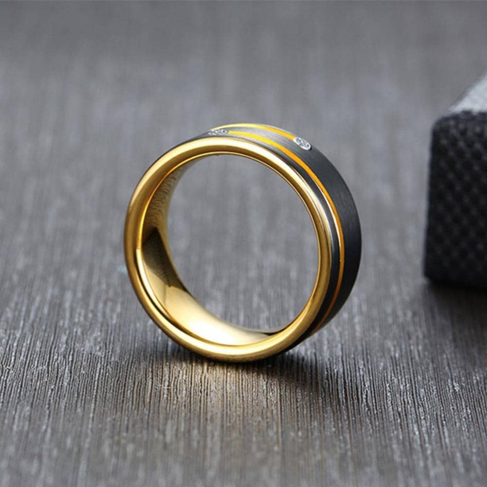 Men's Tungsten Carbide Black and Gold 8mm Wedding Band with Cubic Zirconia