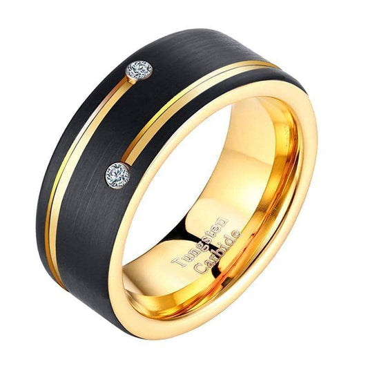 Men's Tungsten Carbide Black and Gold 8mm Wedding Band-Black Diamonds New York