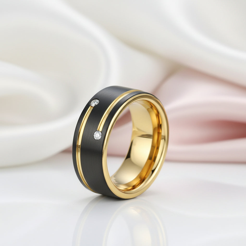 Men's Tungsten Carbide Black and Gold 8mm Wedding Band-Black Diamonds New York