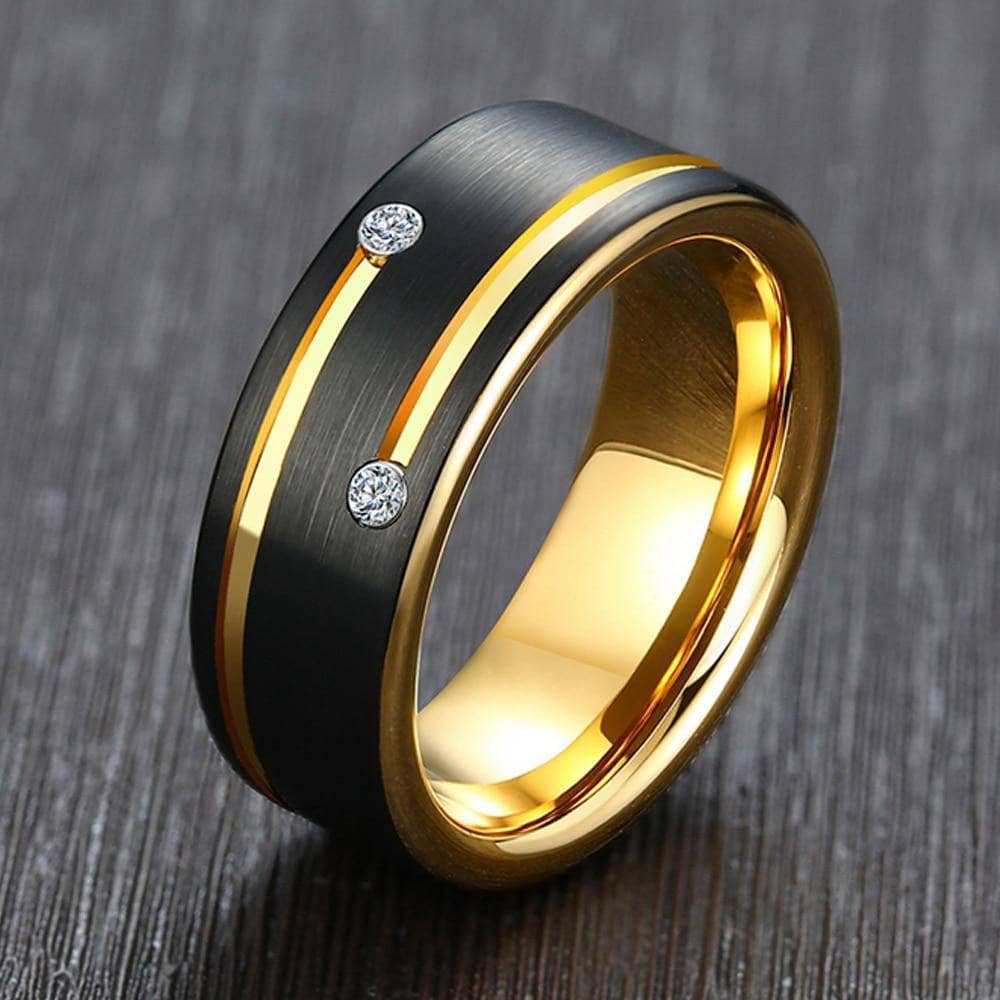 Men's Tungsten Carbide Black and Gold 8mm Wedding Band with Cubic Zirconia