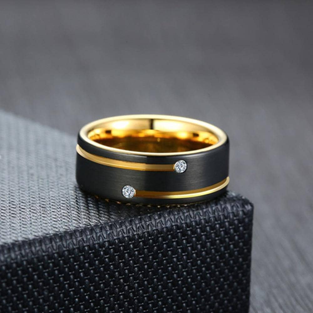 Men's Tungsten Carbide Black and Gold 8mm Wedding Band-Black Diamonds New York