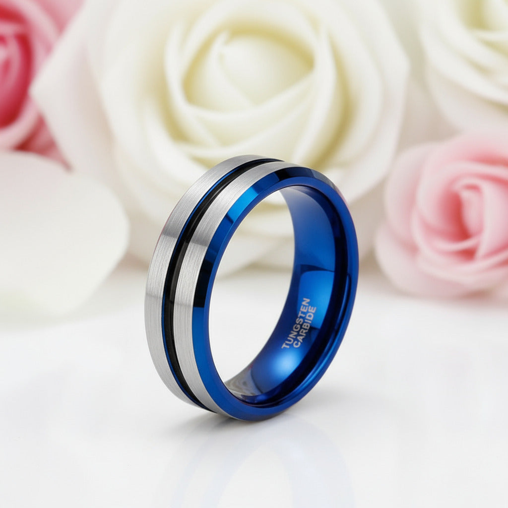 Men's Tungsten Carbide Groove Wedding Band-Black Diamonds New York