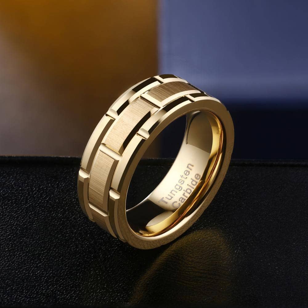 Men's Tungsten Carbide Ring 8mm Gold Brick Pattern Wedding Band