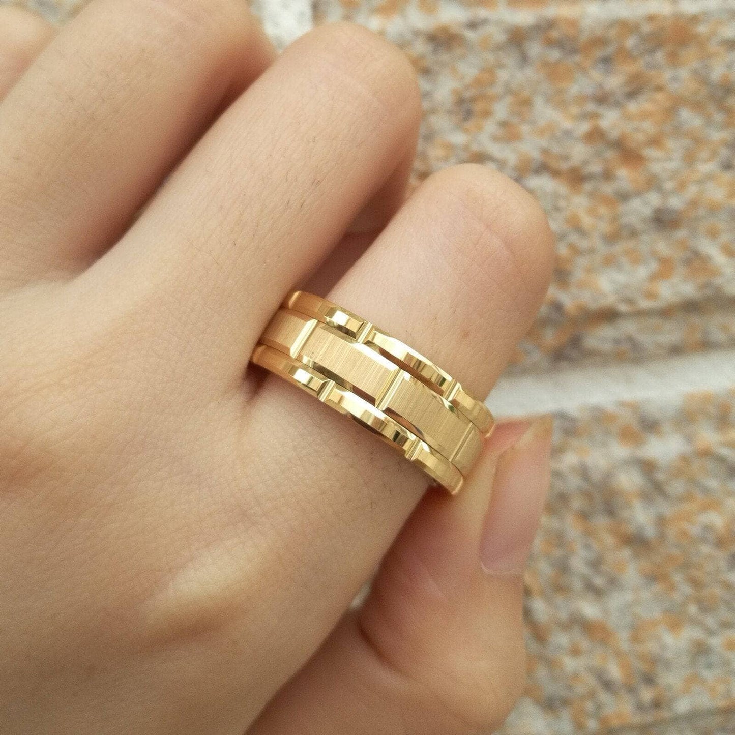 Men's Tungsten Carbide Ring 8mm Gold Brick Pattern Wedding Band