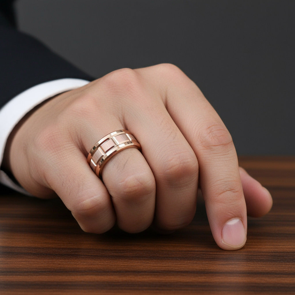 Men's Tungsten Carbide Ring 8mm Rose Gold Brick Pattern-Black Diamonds New York